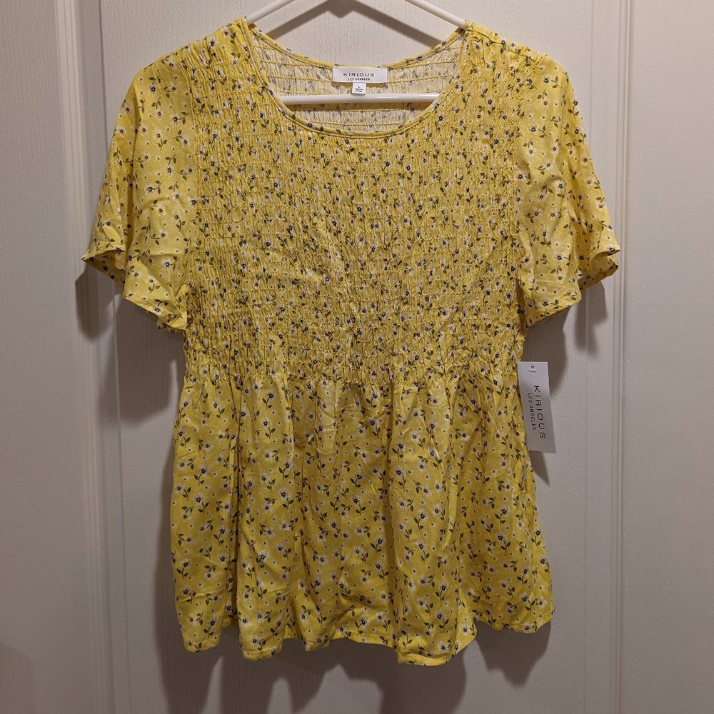 NWT Kirious Los Angeles Yellow Floral Smocked Peplum Top, Size Large